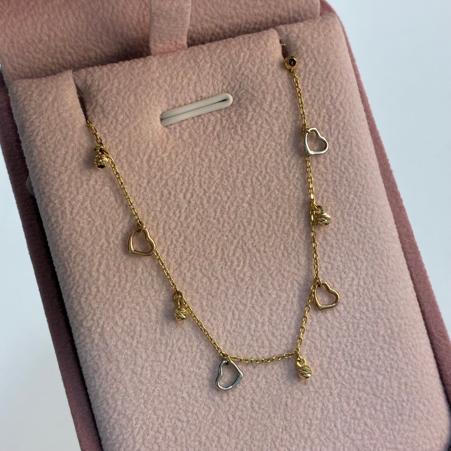 PULSERA MINI ROLON + CORAZONES Y BOLAS DIAMANTADAS TRES OROS ITALY 18K 18CM - 1,79GR (IE)
