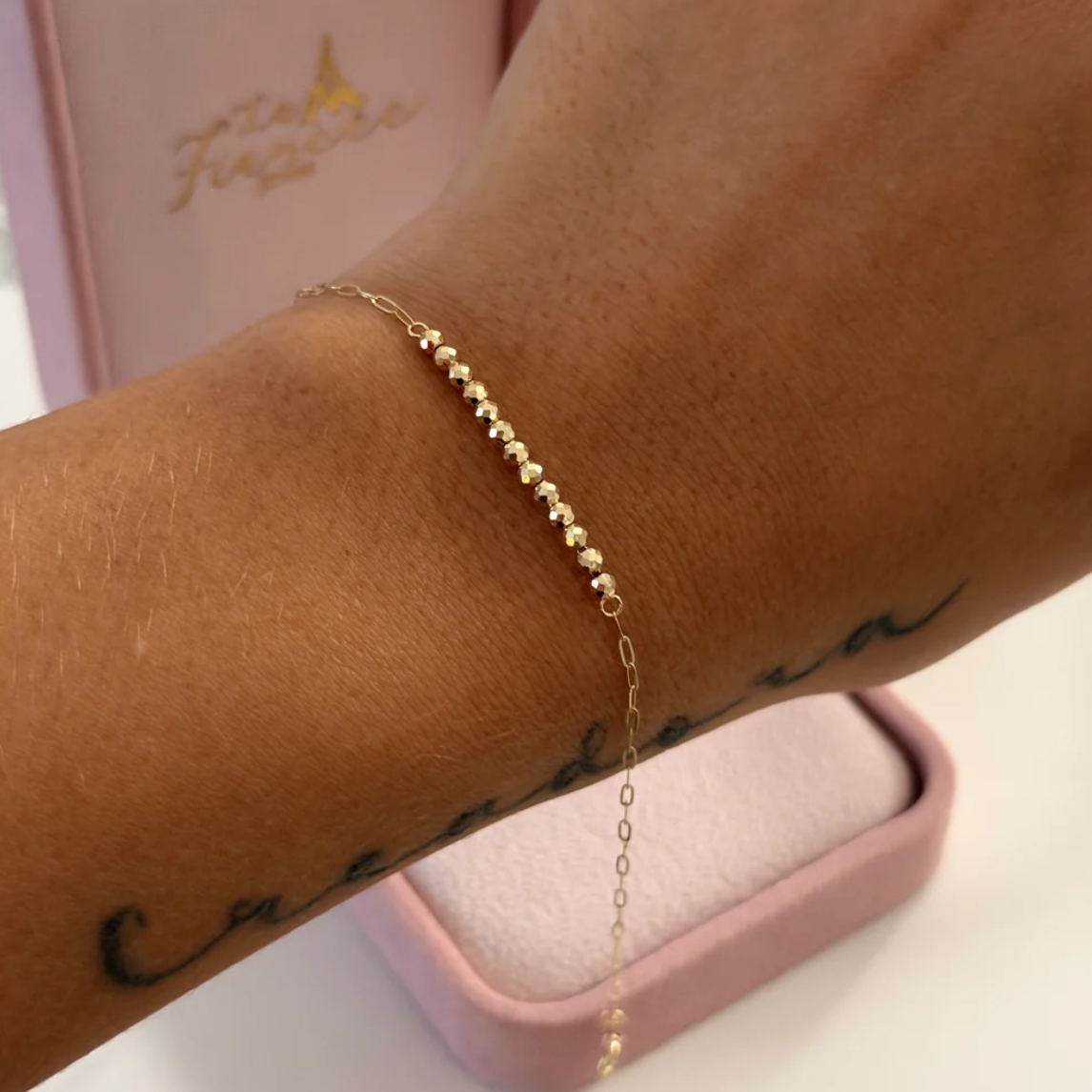 PULSERA MINI CLIP + BOLAS DIAMANTADAS ORO AMARILLO ITALY ESP 18K 17CM A 19CM - 0,65GR