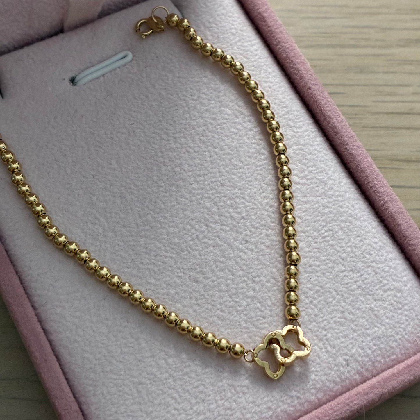PULSERA BOLAS LISAS 3M + TREBOLES ABRAZADOS ORO AMARILLO ITALY 18K 16CM A 19CM - 1,46GR (IM)