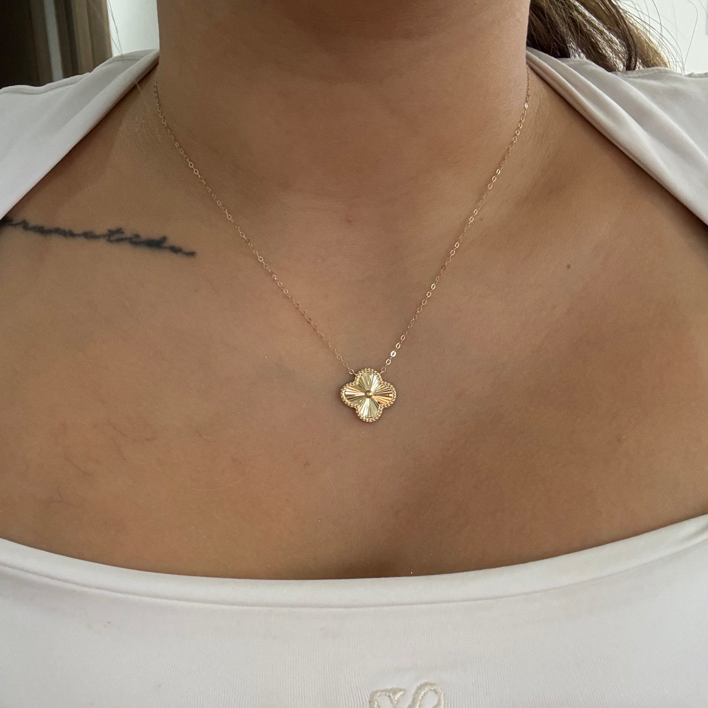 CADENA MINI ROLON + DIJE TREBOL DIAMANTADO PUNTEADO ORO AMARILLO ITALY 18K 40CM A 42CM - 1,81GR (IA)