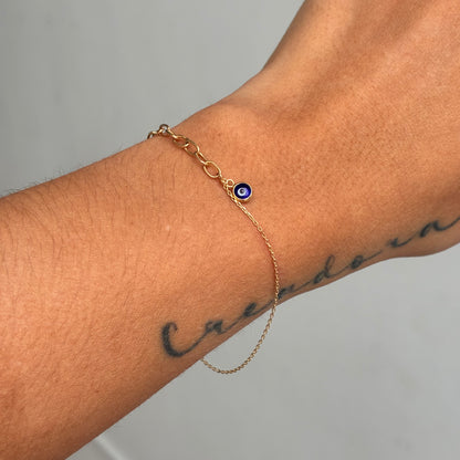 PULSERA CAJON- ROLON + OJO TURCO AZUL ORO AMARILLO ITALY 18K - 17CM A 19CM 1,36GR *PP*