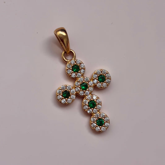 DIJE CRUZ PIEDRAS VERDES Y BLANCAS 2.3CM ORO AMARILLO 18K - 2,25GR