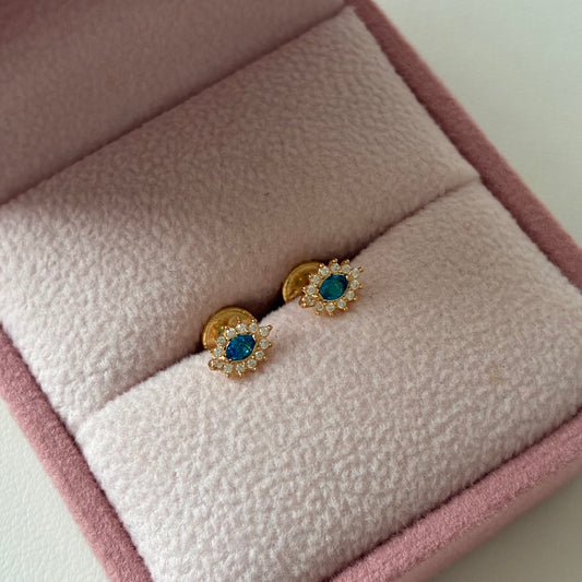 TOPOS OJO AZUL PIEDRAS BLANCA 7MM ORO AMARILLO 18K - 0,64GR