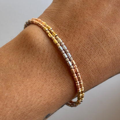 PULSERA CILINDROS DIAMANTADOS ESTILO RESORTE 2MM TRES OROS ITALY 18K 17CM - 5,82GR