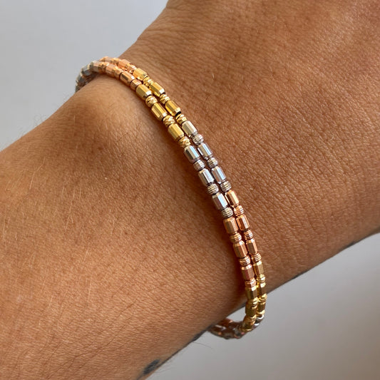 PULSERA CILINDROS DIAMANTADOS ESTILO RESORTE 2MM TRES OROS ITALY 18K 17CM - 5,82GR