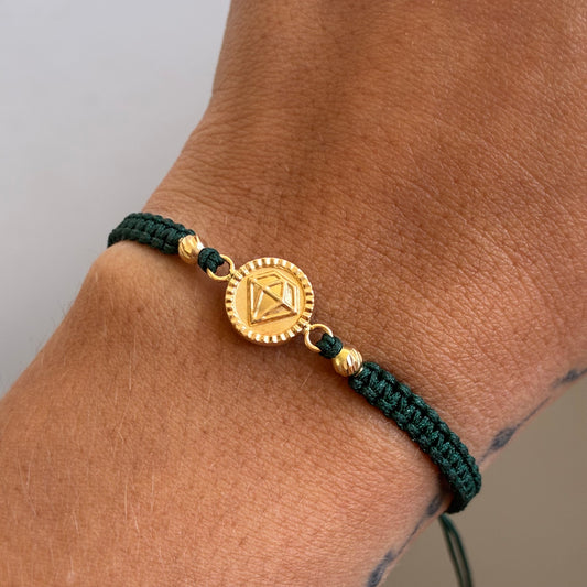 PULSERA HILO VERDE DIJE DIAMANTA DIAMANTADO + 2 BOLAS 3MM ORO AMARILLO 18K - 0,8GR