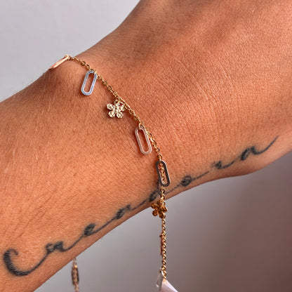 TOBILLERA ROLON DIAMANTADO + FLORES TRES OROS ITALY 18K 23CM A 26CM - 2,99GR