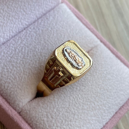 ANILLO TRES OROS VIRGEN DE GUADALUPE + SILUETA EN CRUZ ORO AMARILLO COL 18K TALLA 12 - 3,41GR (N)