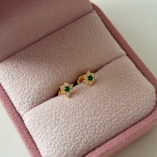 TOPOS FLOR PIEDRA VERDE 5MM ORO AMARILLO 18K - 0,68GR