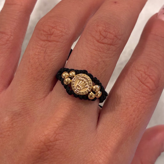 ANILLO HILO NEGRO CORONA RX + 6 BOLAS LISAS 3M ORO AMARILLO 18K - 0,53GR