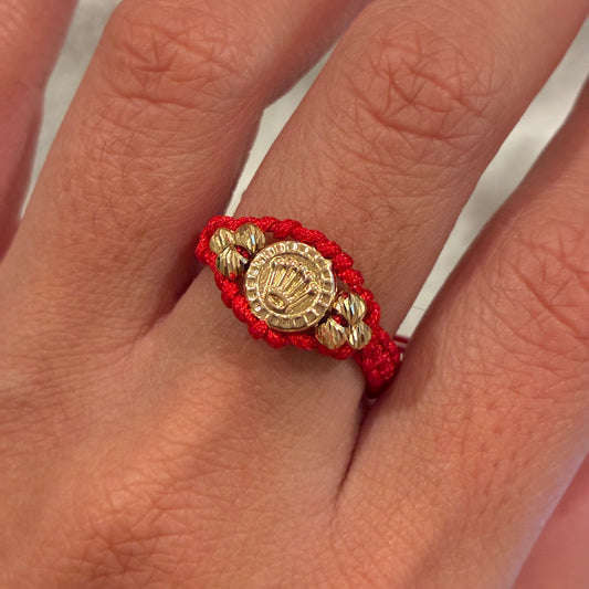 ANILLO HILO ROJO CORONA RX + 6 BOLAS DIAMANTADAS 3M ORO AMARILLO 18K - 0,58GR