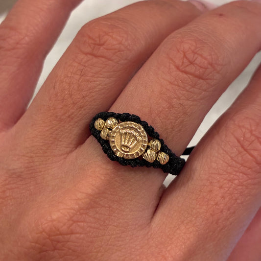 ANILLO HILO NEGRO CORONA RX + 6 BOLAS DIAMANTADAS 3M ORO AMARILLO 18K - 0,58GR