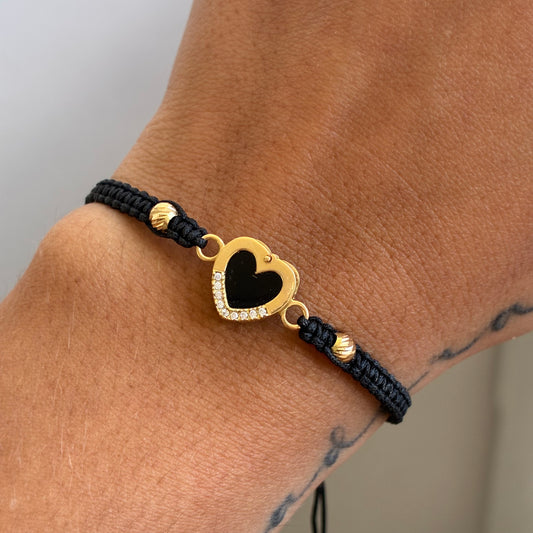 PULSERA HILO NEGRO DIJE CORAZON PIEDRA NEGRA + 2 BOLAS 4MM ORO AMARILLO 18K - 1,6GR