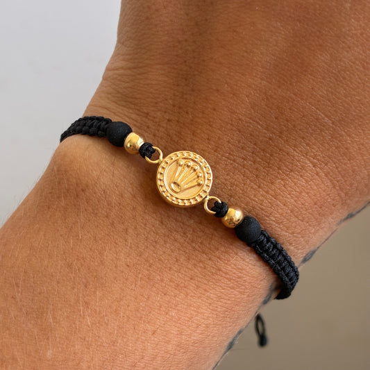 PULSERA HILO NEGRO CORONA RX + 2 BOLAS 4MM ORO AMARILLO 18K - 0,78GR