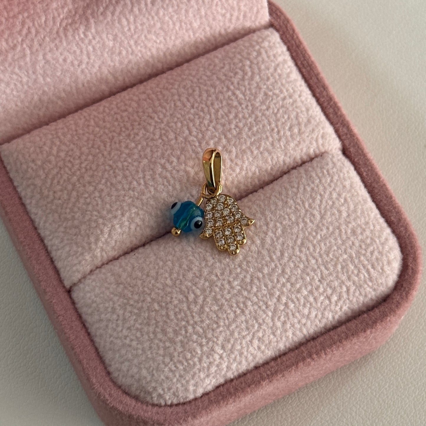 DIJE MANO HAMSA PIEDRAS BLANCAS + OJO AZUL ORO AMARILLO ITALY ESPECIAL - 0,74GR