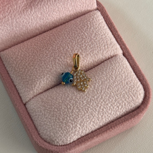 DIJE MANO HAMSA PIEDRAS BLANCAS + OJO AZUL ORO AMARILLO ITALY ESPECIAL - 0,74GR