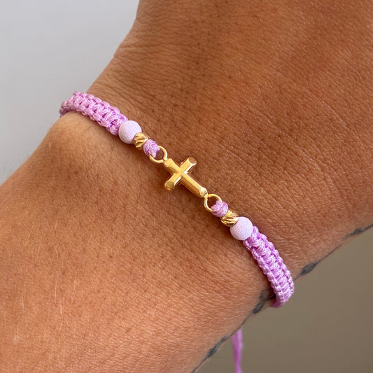 PULSERA HILO MORADO LILA CRUZ LISA + 2 BOLAS 3MM ORO AMARILLO 18K - 0,41GR
