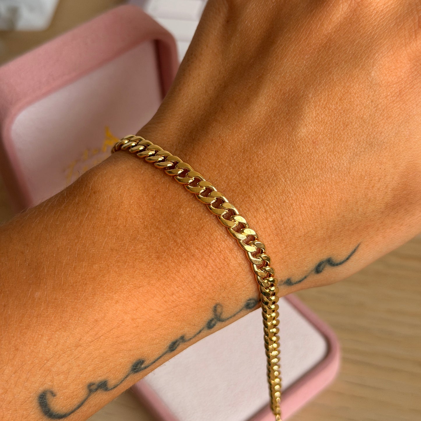 PULSERA CUBANA REDONDA HUECA 5.2MM ORO AMARILLO ITALY 18K 21CM - 2,55GR