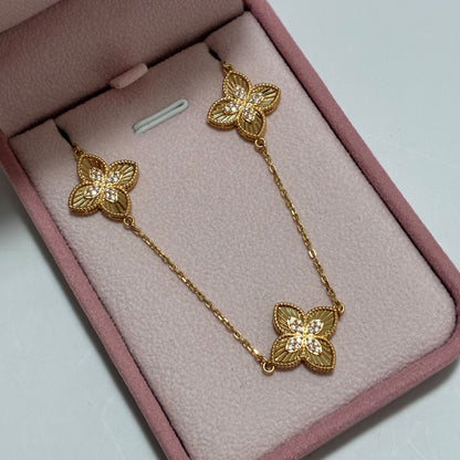 CADENA TEJIDO ROLON + TREBOLES + PIEDRAS BLANCAS 40 A 46 CM ORO AMARILLO COL 18K-11.72GR