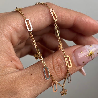 TOBILLERA ROLON DIAMANTADO + FLORES TRES OROS ITALY 18K 23CM A 26CM - 2,99GR