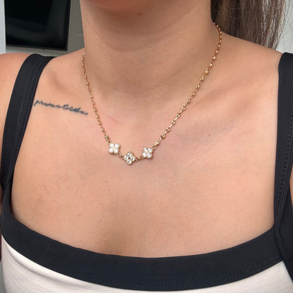 CADEN GRANO DE CAFÉ 3MM + TRES TREBOLES PIEDRAS BLANCAS ORO AMARILLO 18K 43CM - 8,3GR