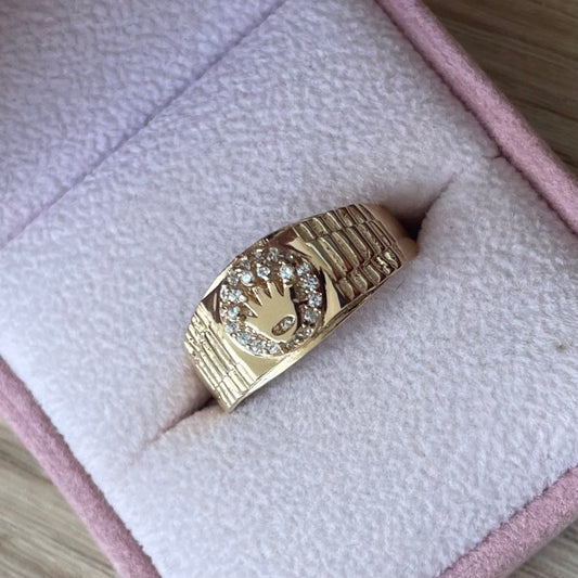 ANILLO CORONA ROLEX + PIEDRAS BLANCAS TIPO RELOJ ORO AMARILLO COL 18K TALLA 10 - 3,31GR (N)