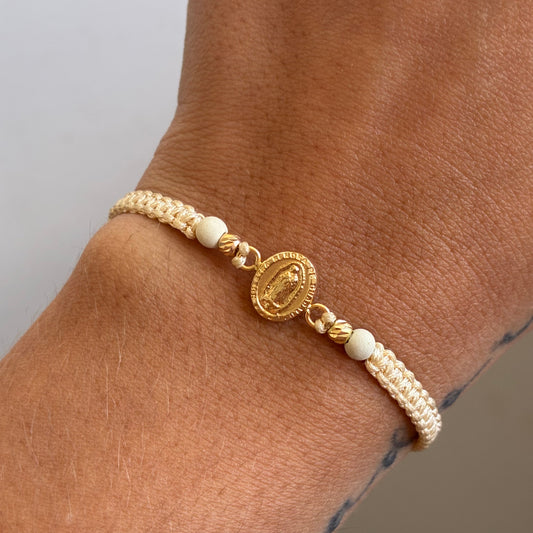 PULSERA HILO DORADO VIRGEN DE GUADALUPE + 2 BOLAS 3M ORO AMARILLO 18K - 0,68GR