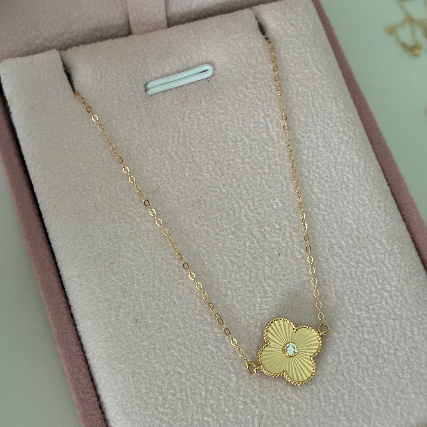 PULSERA MINI ROLON + DIJE TREBOL DIAMANTADO PIEDRA BLANCA ORO AMARILLO ITALY 18K 16CM A 19CM - 1,21GR (IA)