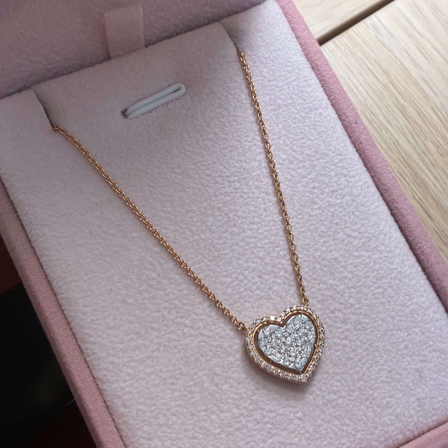 CADENA MINI ROLON + DIJE CORAZON PUNTOS DIAMANTE BLANCO 0,60QTS ORO ROSA Y BLANCO ITALY 18K 40CM A 43CM - 4,19GR