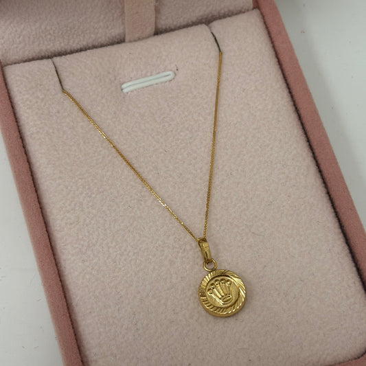 SET CADENA MINI FRANCO 60CM + DIJE MEDALLA CORONA ORO AMARILLO 18K 1,41gr
