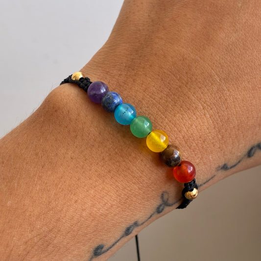 PULSERA HILO NEGRO 7 CHAKRAS 2 BOLAS 4M LISAS ENTRELAZADAS ORO AMARILLO 18K - 0,18GR