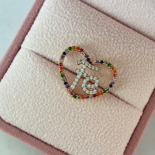 DIJE SILUETA CORAZON PIEDRAS MULTICOLOR + FE PIEDRAS BLANCAS 1.5CM ORO AMARILLO COL 18K -1,51GR (NE)