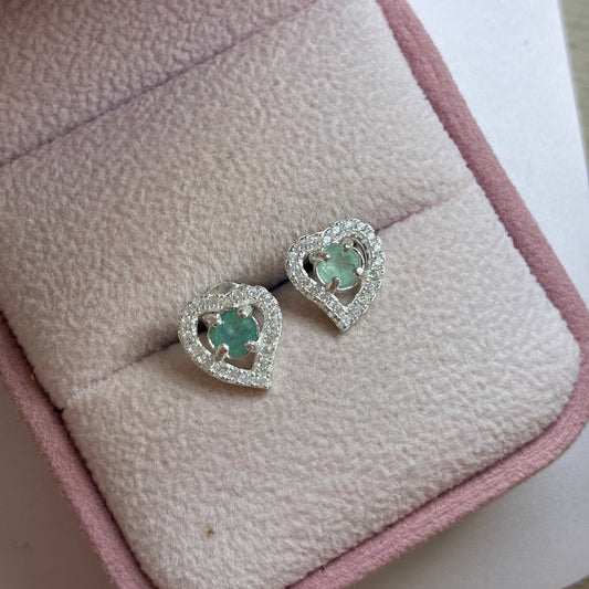 TOPOS SILUETA CORAZON PIEDRAS BLANCAS + ESMERALDA NATURAL AQUA PLATA 925