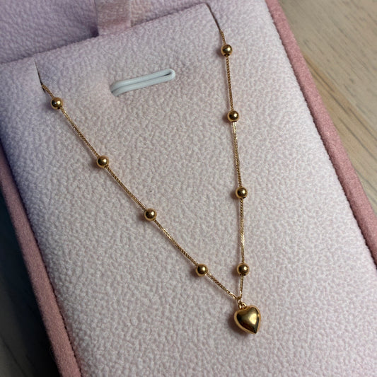 PULSERA MINI FRANCO 0.6MM + DIJE CORAZON Y BOLAS LISAS ORO AMARILLO ITALY ESP 18K 17CM A 19CM - 0,59GR