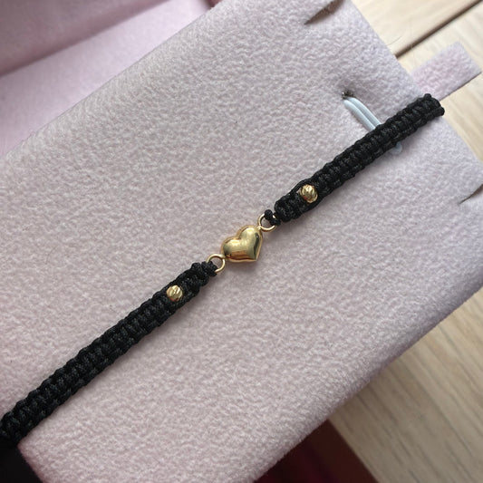 PULSERA HILO NEGRO HERRAJE CORAZON + 2 BOLAS DIAMANTADAS 3M ORO AMARILLO COL 18K - 0,4GR