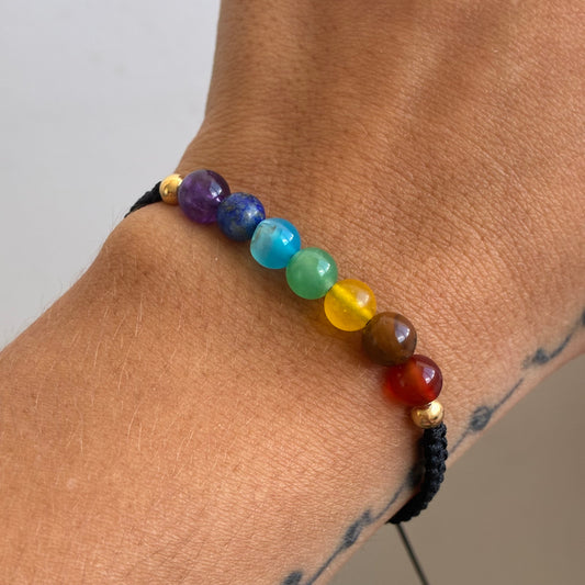 PULSERA HILO NEGRO 7 CHAKRAS 2 BOLAS 4M LISAS ORO AMARILLO 18K - 0,18GR