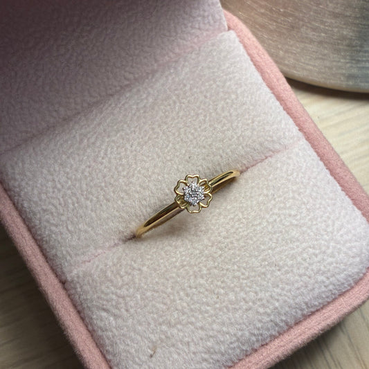 ANILLO FLOR EN SILUETA + DIAMANTES NATURALES 3 PUNTO ORO AMARILLO ITALY 18K TALLA 6 - 0,72GR