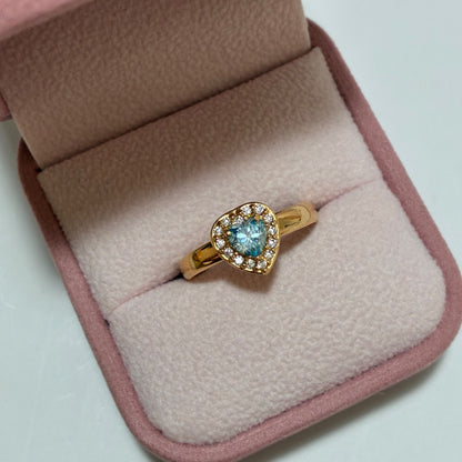ANILLO CORAZÓN MOISSANITA ACUAMARINA 0.50CT + PIEDRAS BLANCAS TALLA 8 ORO AMARILLO COL 18K-2.12GR