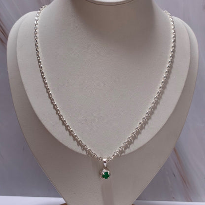 SET CADENA GRANO DE CAFE + DIJE CIRCULAR + PIEDRAS BLANCAS + ESMERALDA NATURAL 45CM PLATA 925