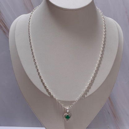 SET CADENA GRANO DE CAFE + DIJE SILUETA DE CORAZÓN + PIEDRAS BLANCAS + ESMERALDA NATURAL 45CM PLATA 925