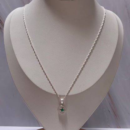 SET CADENA SINGAPUR + DIJE CIRCULAR + PIEDRAS BLANCAS + ESMERALDA NATURAL 45CM PLATA 925