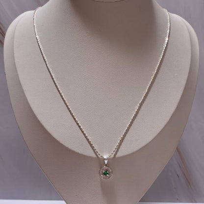 SET CADENA CANUTILLO + DIJE CIRCULAR + PIEDRAS BLANCAS + ESMERALDA NATURAL 45CM PLATA 925