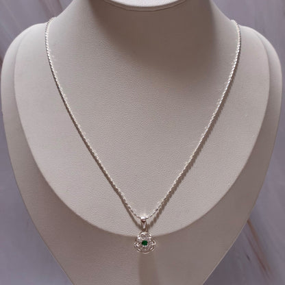 SET CADENA CANUTILLO + DIJE BRILLO DE FLOR + PIEDRAS BLANCAS + ESMERALDA NATURAL 45CM PLATA 925