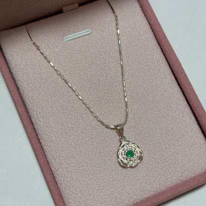 SET CADENA CANUTILLO + DIJE BRILLO DE FLOR + PIEDRAS BLANCAS + ESMERALDA NATURAL 45CM PLATA 925