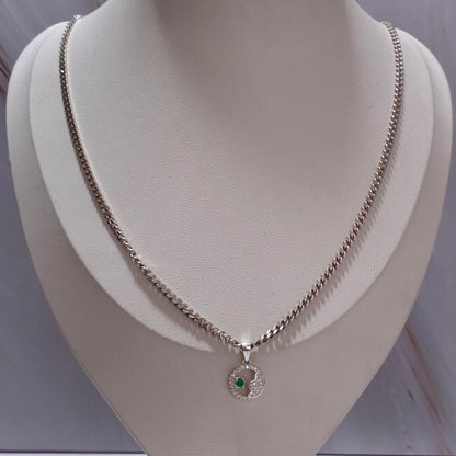 SET CADENA CUBANA + DIJE FLOR DE LOTO + ESMERALDA NATURAL 60CM PLATA 925