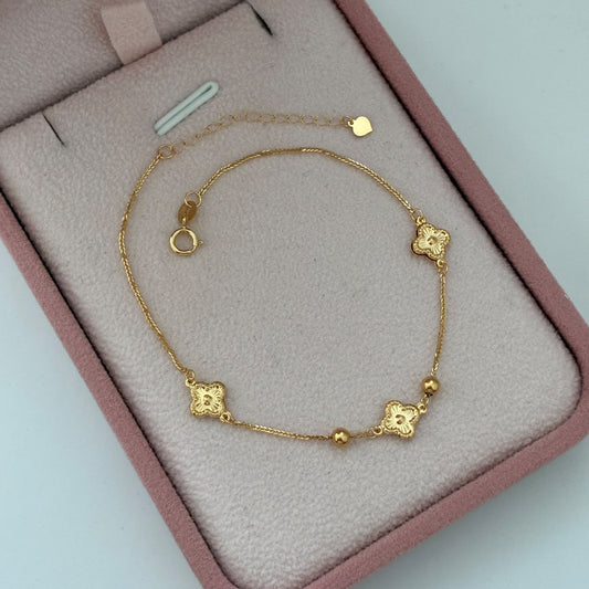 PULSERA MINI FRANCO+TREBOLES 0,76G Y BOLAS LISAS 3MM 17CM A 20CM ORO AMARILLO ITALY ESP 18K