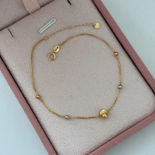 PULSERA MINI FRANCO+BOLA SATINADA Y BOLAS 3MM LISAS 0,6GR 17CM A 20CM TRES OROS ITALY ESP 18K
