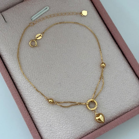 PULSERA MINI FRANCO +CIRCULO CORAZON Y BOLAS 3 MM LISAS 0,8GR 17CM A 20CM ORO AMARILLO ITALY ESP 18K