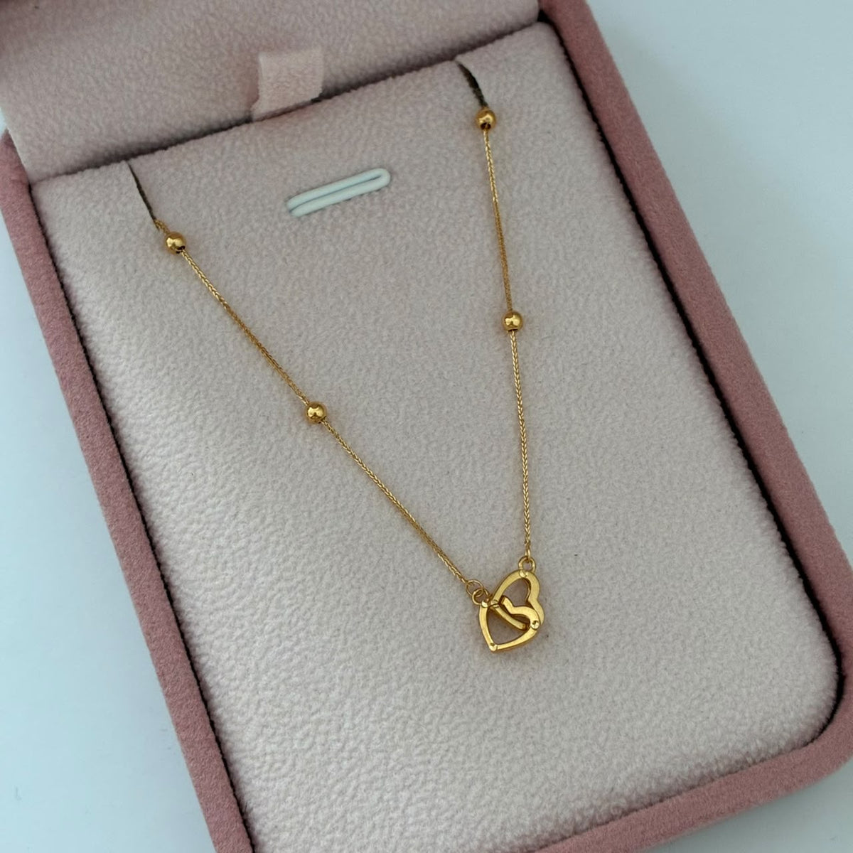 CADENA MINI FRANCO +CORAZONES ABRAZADOS Y BOLAS LISAS 1,02GR 40 A 45CM ORO AMARILLO ITALY ESP 18K