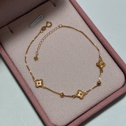 PULSERA TRIDENTE DE TREBOL + 2 BOLAS DIAMNATADAS 3MM ORO AMARILLO ITALY 18K-0.86GR